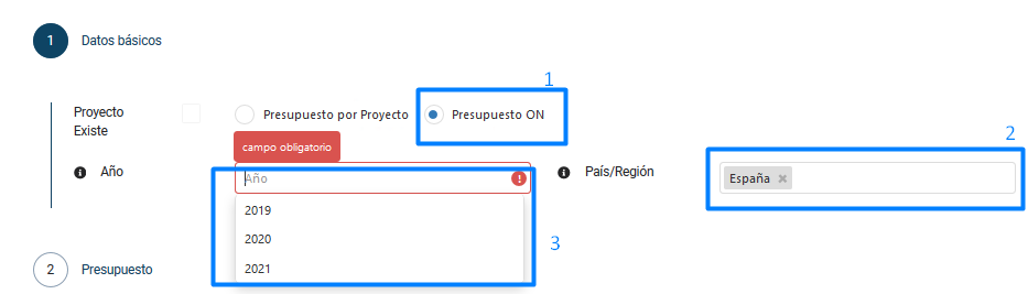 PANTALLA DATOS BÁSICOS PRESUPUESTO ON