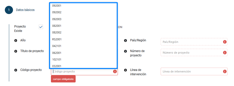 PANTALLA DATOS BÁSICOS PRESUPUESTO PROYECTO EXISTE