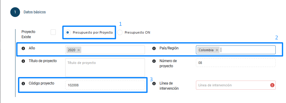 PANTALLA DATOS BÁSICOS PRESUPUESTO PROYECTO NUEVO